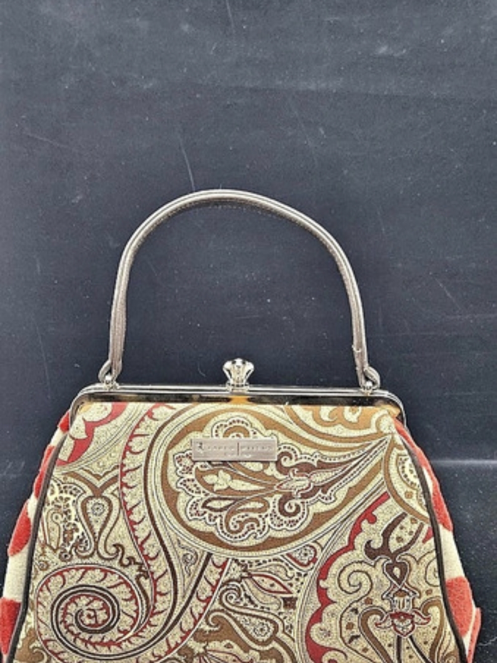 Karen Wilson Paisley Hand Bag in Rust Red, Tan and Chestnut Brown Fabric